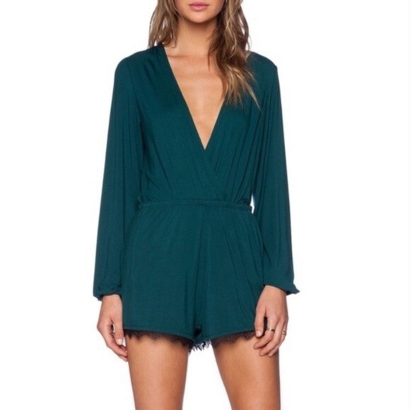 Lovers + Friends Teal Romper Black Lace Trim XS
